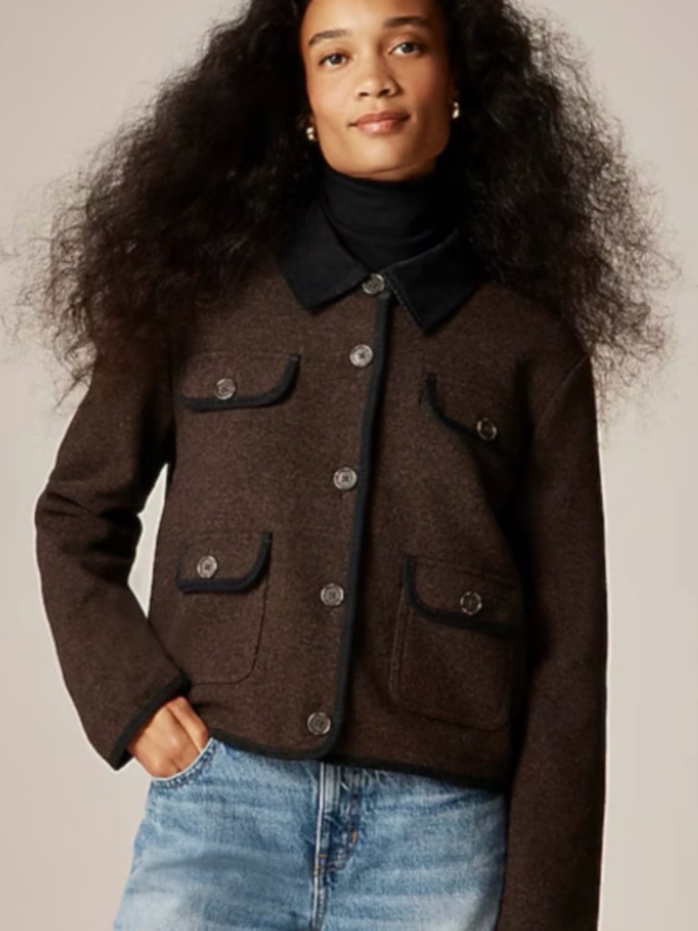 J. Crew Knit Jacket in Wool Blend, Medium, Brown/Black Trim